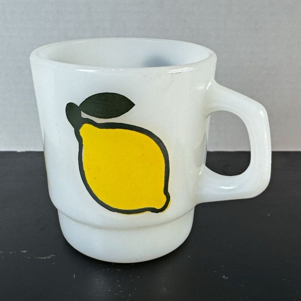 Vintage Fire-King Super Fruits Lemon Milk Glass Stacking Mug Anchor Hocking